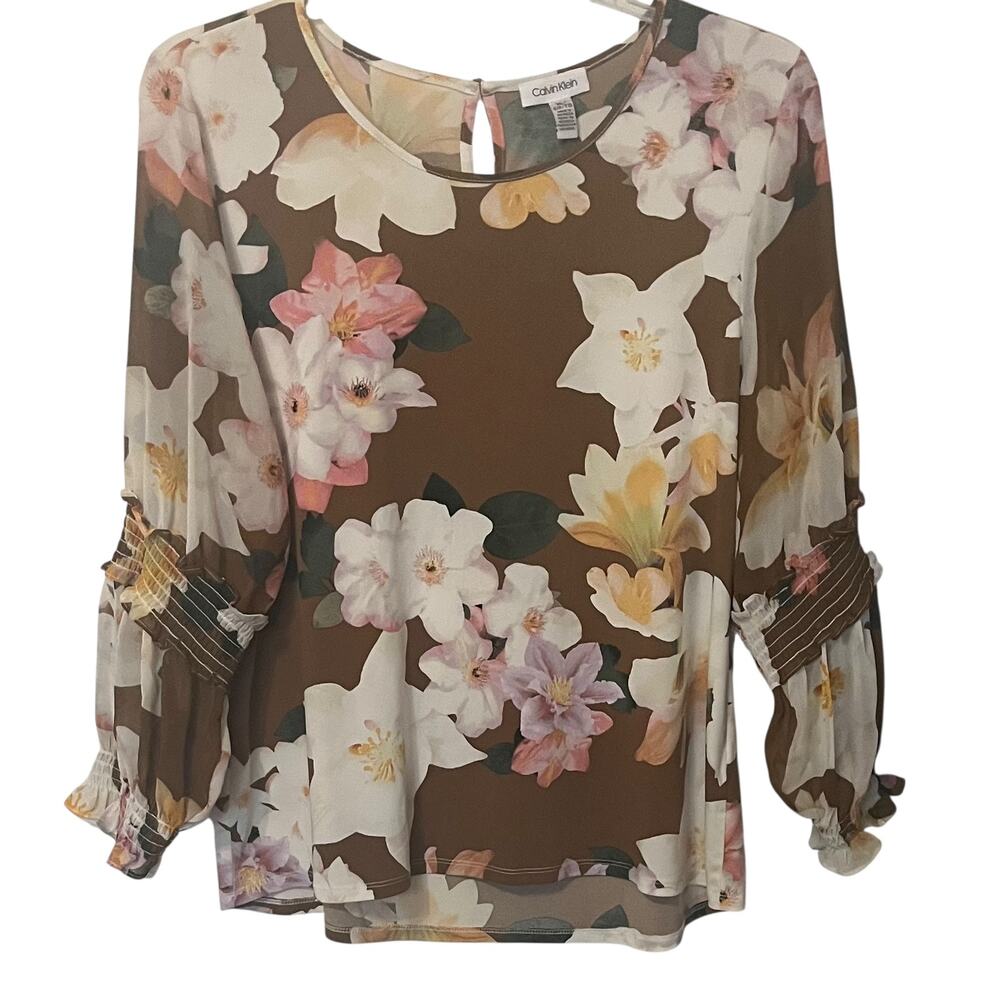 CALVIN KLEIN LONG BALLOON SLV RND NECK HI-LOW BLOUSE, WOMENS-XL-BROWN WHITE PINK